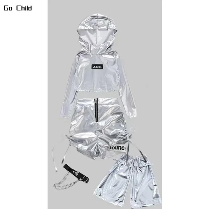 Girls K-pop Silver Crop Hoodies Shiny Cargo Pants Street Dance Shorts Kids Hip Hop Streetwear Children Jazz Hi Tech Clothes Sets