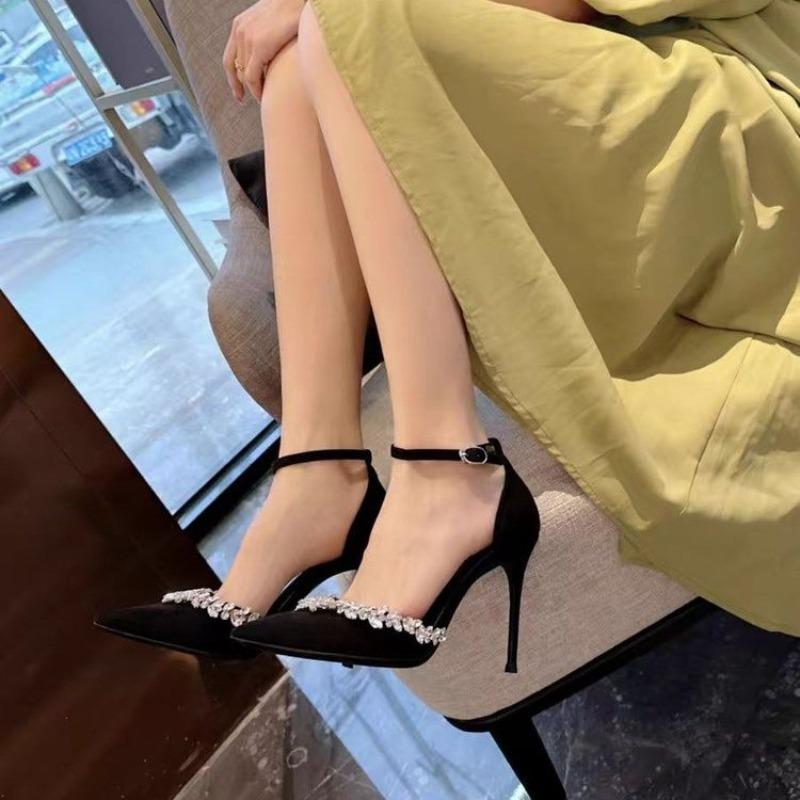 New Single Shoes Spring New Pointed Head Shallow Mouth Suede Sequin Metal Buckle A Line with Non-slip High Heels