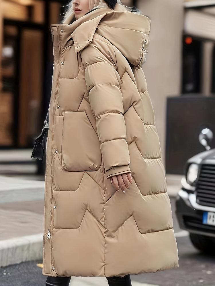 Solid Color Zip-Up Hooded Coat, Versatile Warm Quilted Detail Long Sleeve Mid-length Coat for Winter, Women's Clothing