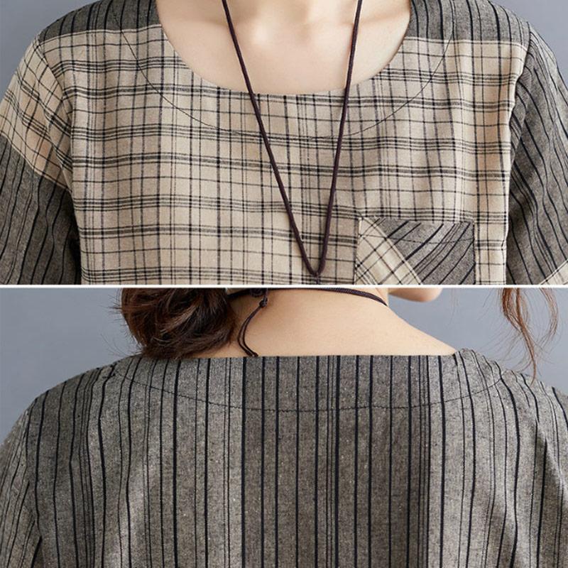 Cotton Linen Retro Literary Top Summer Plaid Loose Girls T-shirt All-match Fashion Short-sleeved Gown