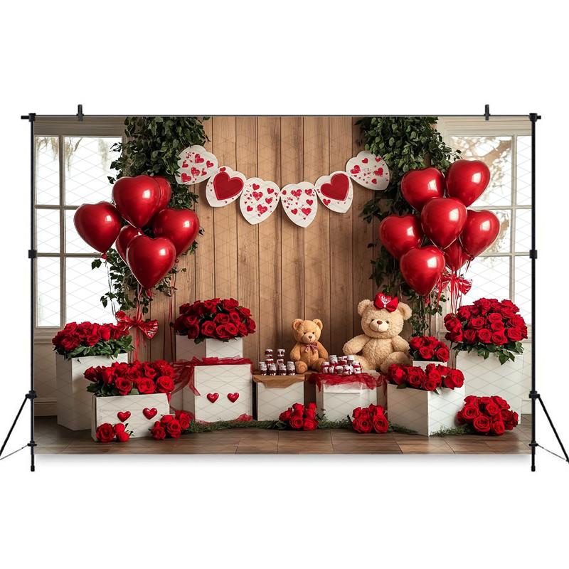 Mocsicka Valentine's Day Photo Backdrop Red Rose Love Balloons Flowers Bear Wallpaper Decorations Girl Woman Wedding Backgrounds