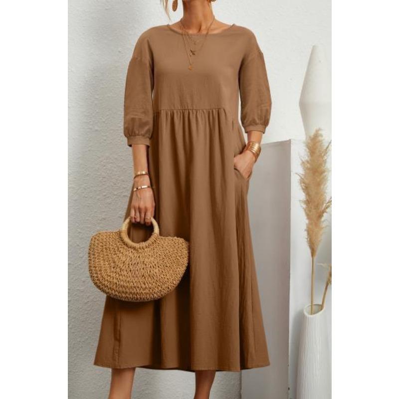 

Модное женское платье свободного кроя с рукавами-фонариками и карманами XXL кофейный