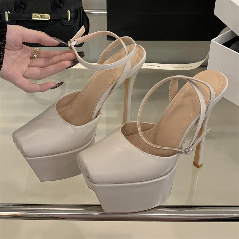 Mode Plateau Eckige Zehen Schnallenriemen Damen Pumps Sandalen Extrem Sexy Stilettoabsätze Nachtclub Party Ballschuhe