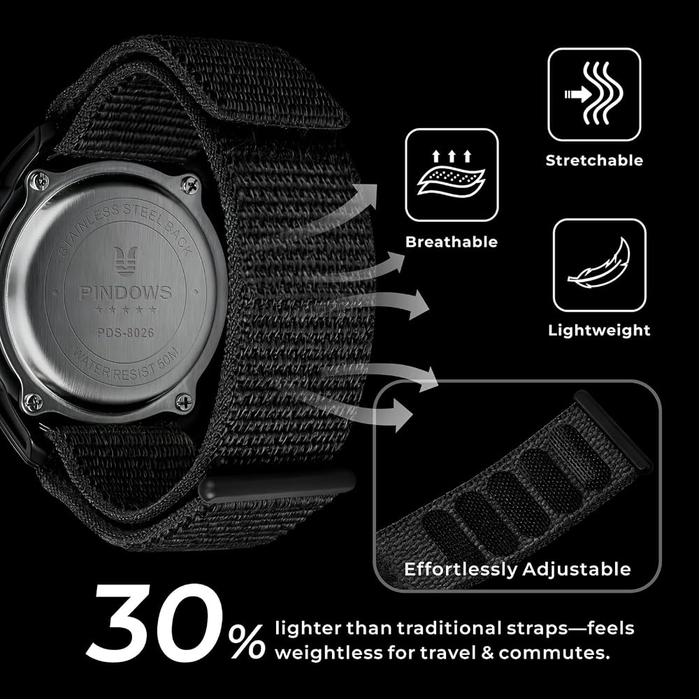 PINDOWS Men's Digital Sports Watch 50M Waterproof Velcro Strap Work Watch