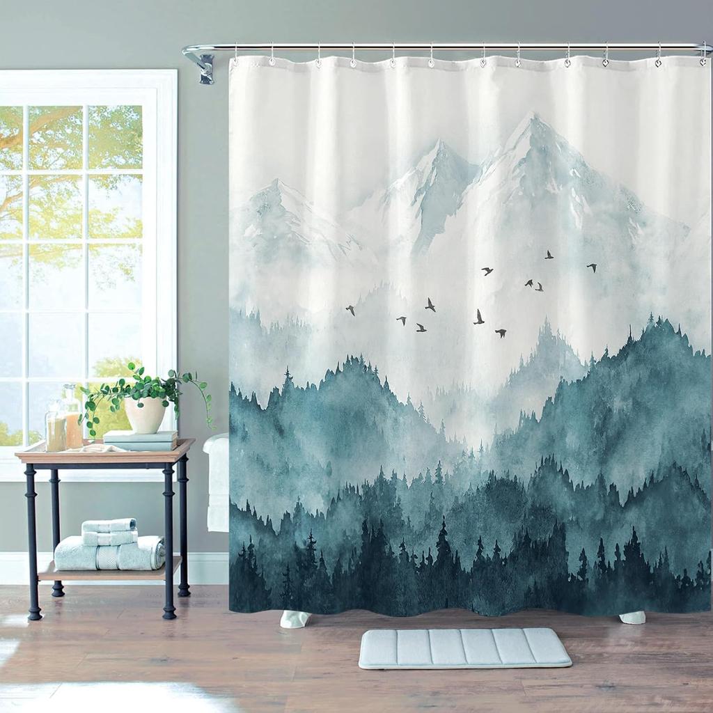 Watercolor Mountain Forest Shower Curtain,Nature Misty Foggy Sage Green Tree Landscape Art Shower Curtains with 12Hooks Bathroom