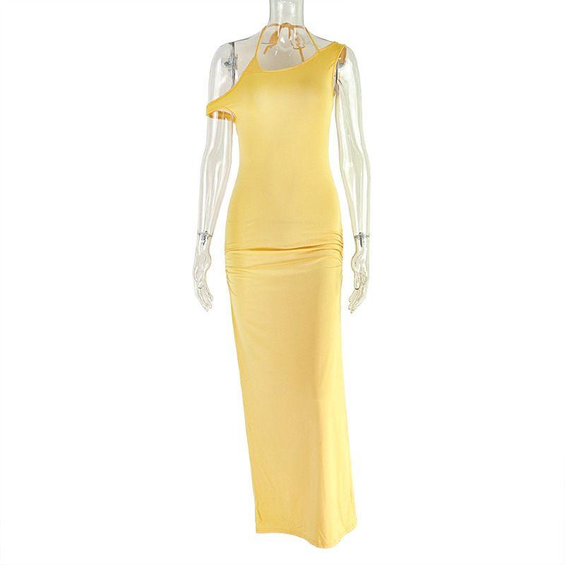 

Fashion Style Elegant Women s Clothing Silm Sheath Elegance One-Step Skirt Backless Halter Pure Color Split Length Dress Yellow S