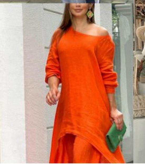 2023 Women's Plus Size Cotton Linen Two-Piece Set: Irregular Long Sleeve Top & Wide Leg Pants.