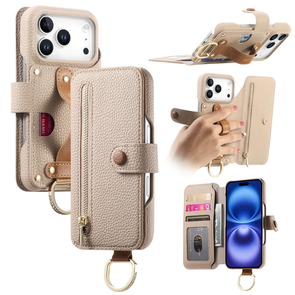 Luxury Zipper Cards Solt Wristband Wallet Leather Ring Holder Case For iPhone 17 Pro Max 16 Plus 15 14 13 12 Kickstand Bag Cover