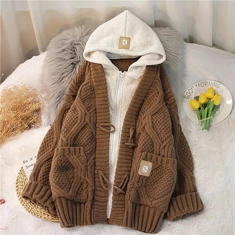 Women's Autumn Loose Lazy Style Mid-Length Knitted Cardigan Fake Two Piece Hooded Sweater