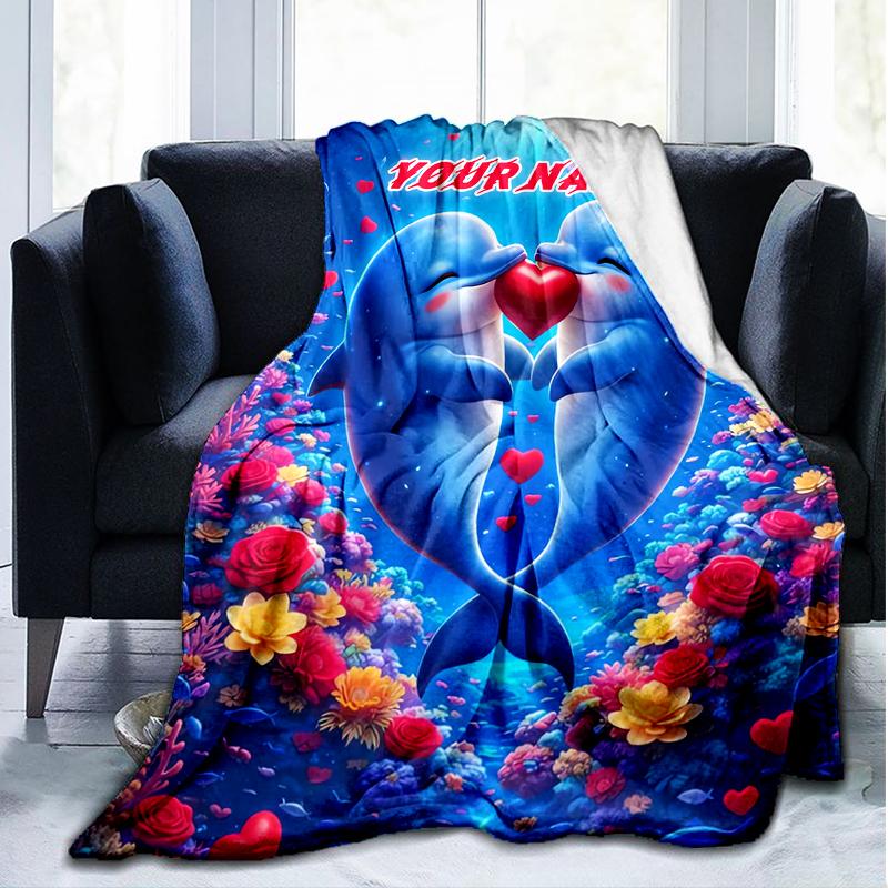 1PC Custom Name Love Between Dolphins Outdooor Flannel Blankets Throw Blanket All-Season Throw Gift Bedspread for Couch, Bed, Camping Holiday Birthda