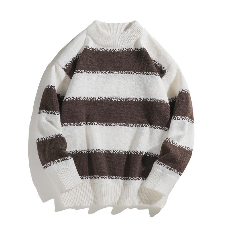 2025 Men's Japanese Casual Striped Knit Pullover - Autumn/Winter Loose Fit, Long Sleeve, Round Neck.