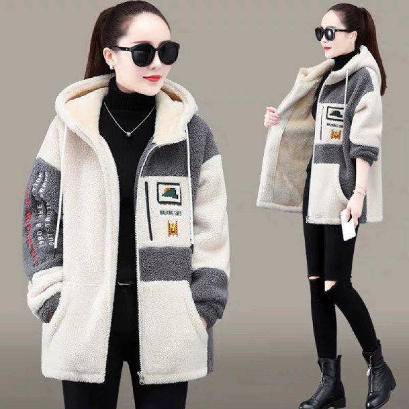 Frauen Jacke Mit Kapuze Colorblock Dicke Buchstaben Stickerei Plüsch Langarm Kordelzug Weiche Gemütliche Zipper Cosure Strickjacke Dame Mid