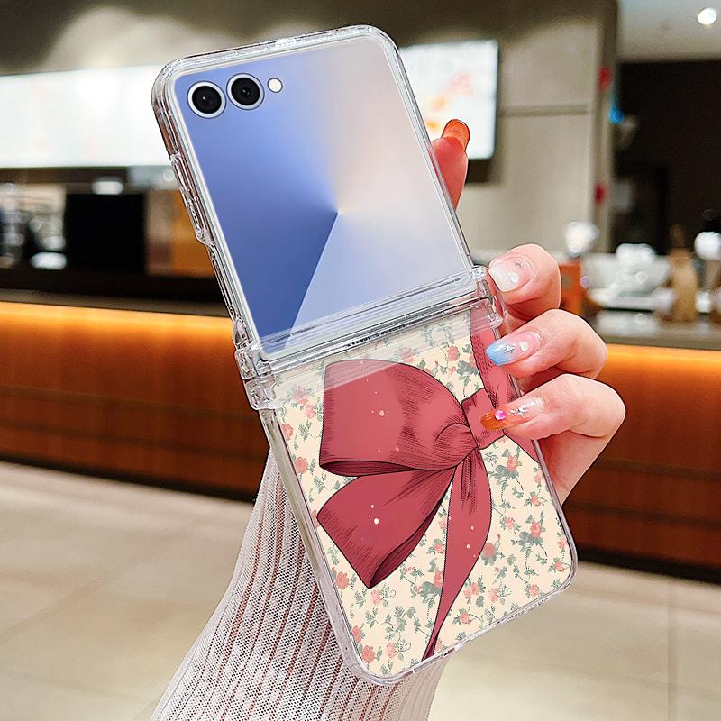 

Pink Black Bowknot Pattern Phone Case For Samsung Galaxy Z Flip 7 FE 6 5 4 3 5G Folding Hard PC Clear Cover For Samsung Z Flip6 Galaxy Z Flip7 FE