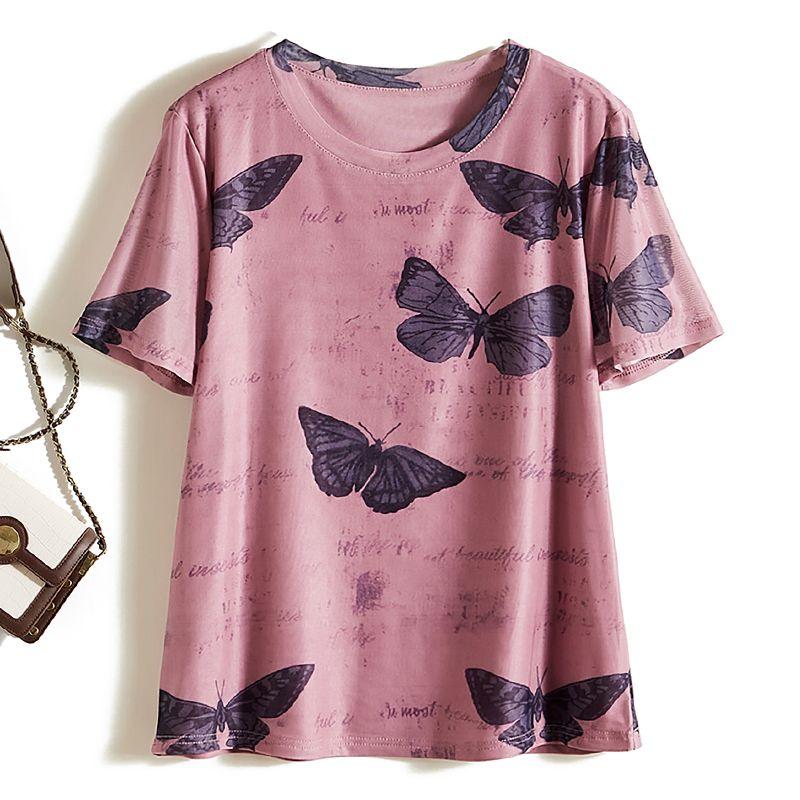 

Women s Loose Pants Breathable T-shirt with Elastic Poplin Yarn round Neck Short Sleeve Pansy Summer High Elasticity Rose Red L