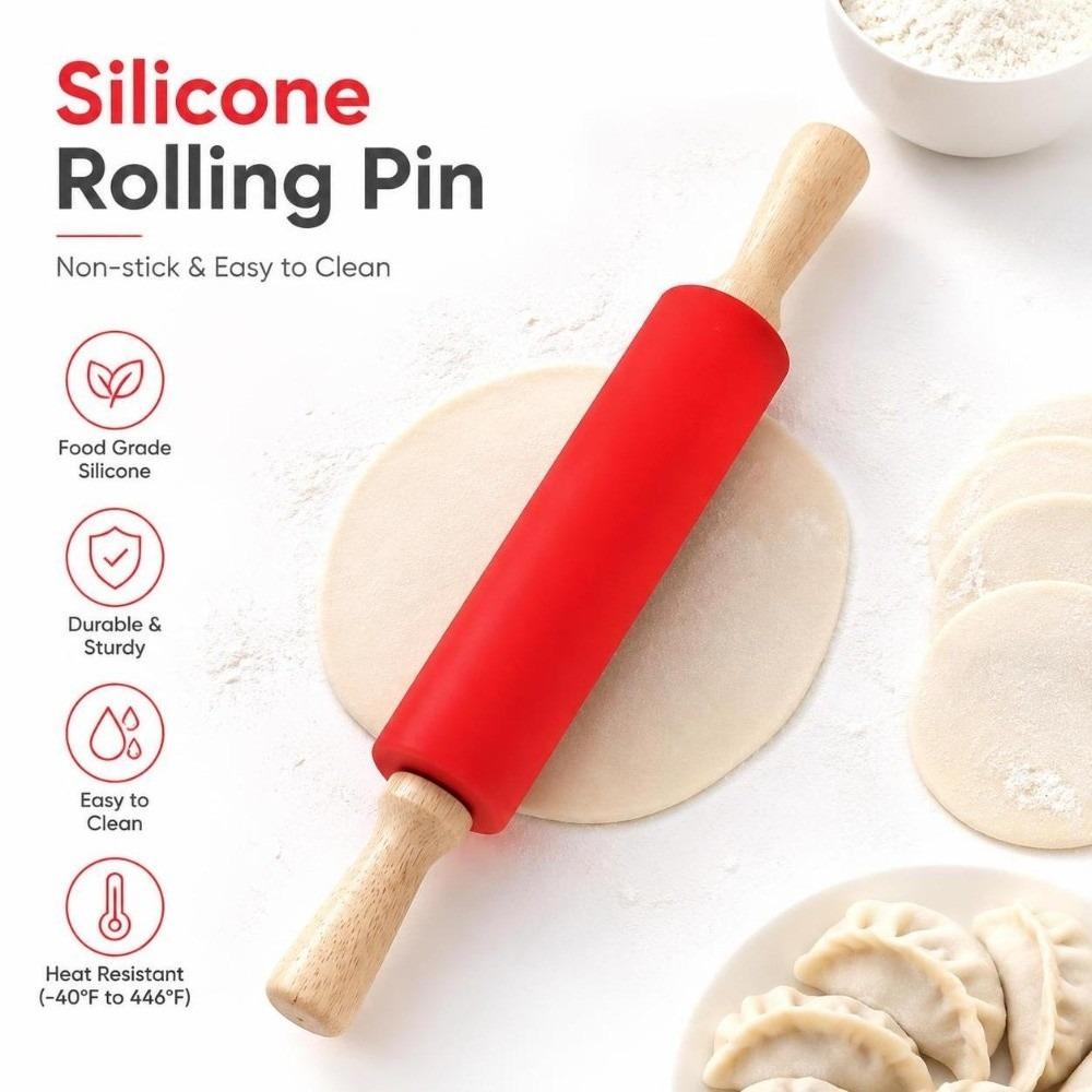 Solid Wood Handle Dough Roller Silicone Baking Rolling Pin Rolling Pin  Dough Pancake Pastry Cookie