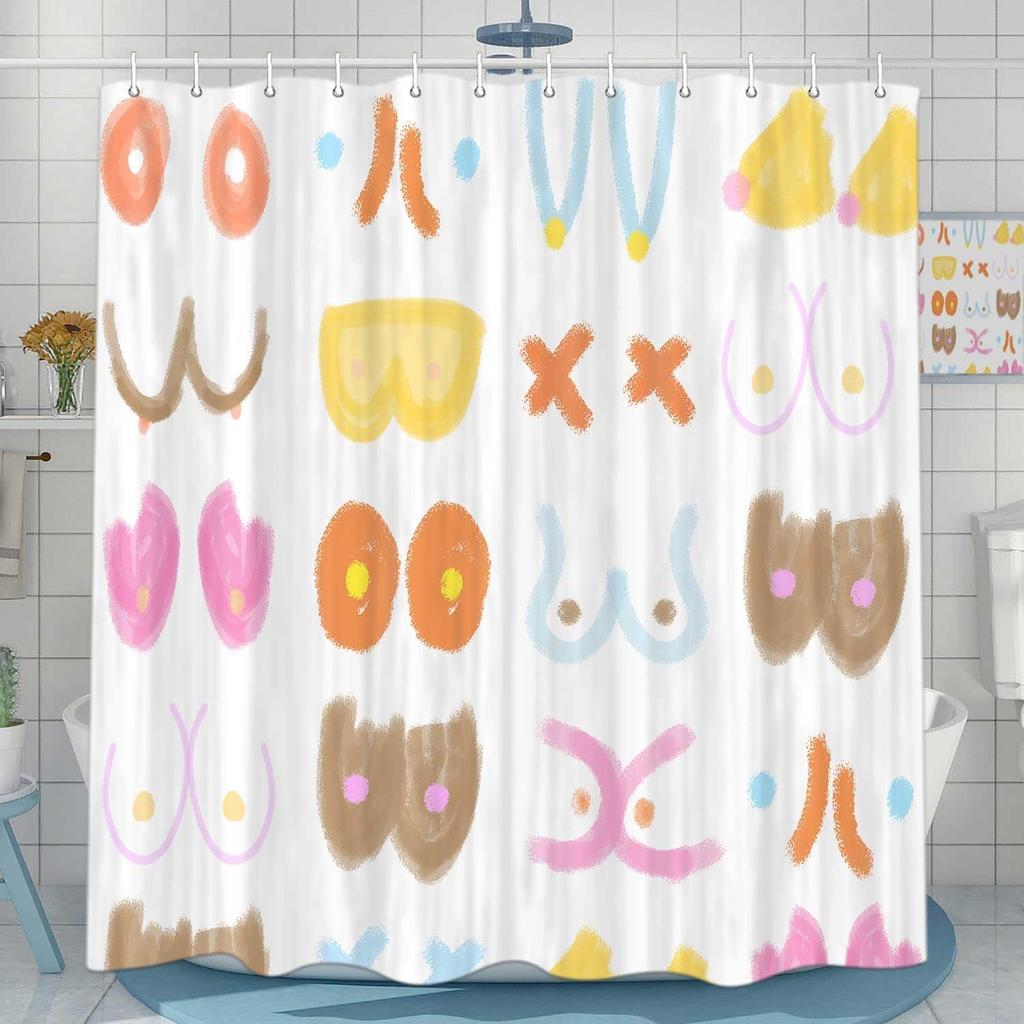 Funny Boobs Shower Curtain, Fun Funky Boobie Body Shower Curtain Set for Adults Bathroom, Colorful Nude Female Fabric Shower Curtain Restroom Bathtub