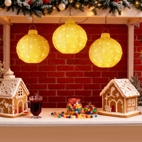 3Pcs Outdoor Hanging Christmas Light LED Illuminated Ornament Balls with 8 Lighting Modes And Timer Festive Sequin Ball for Porch Garden Decor