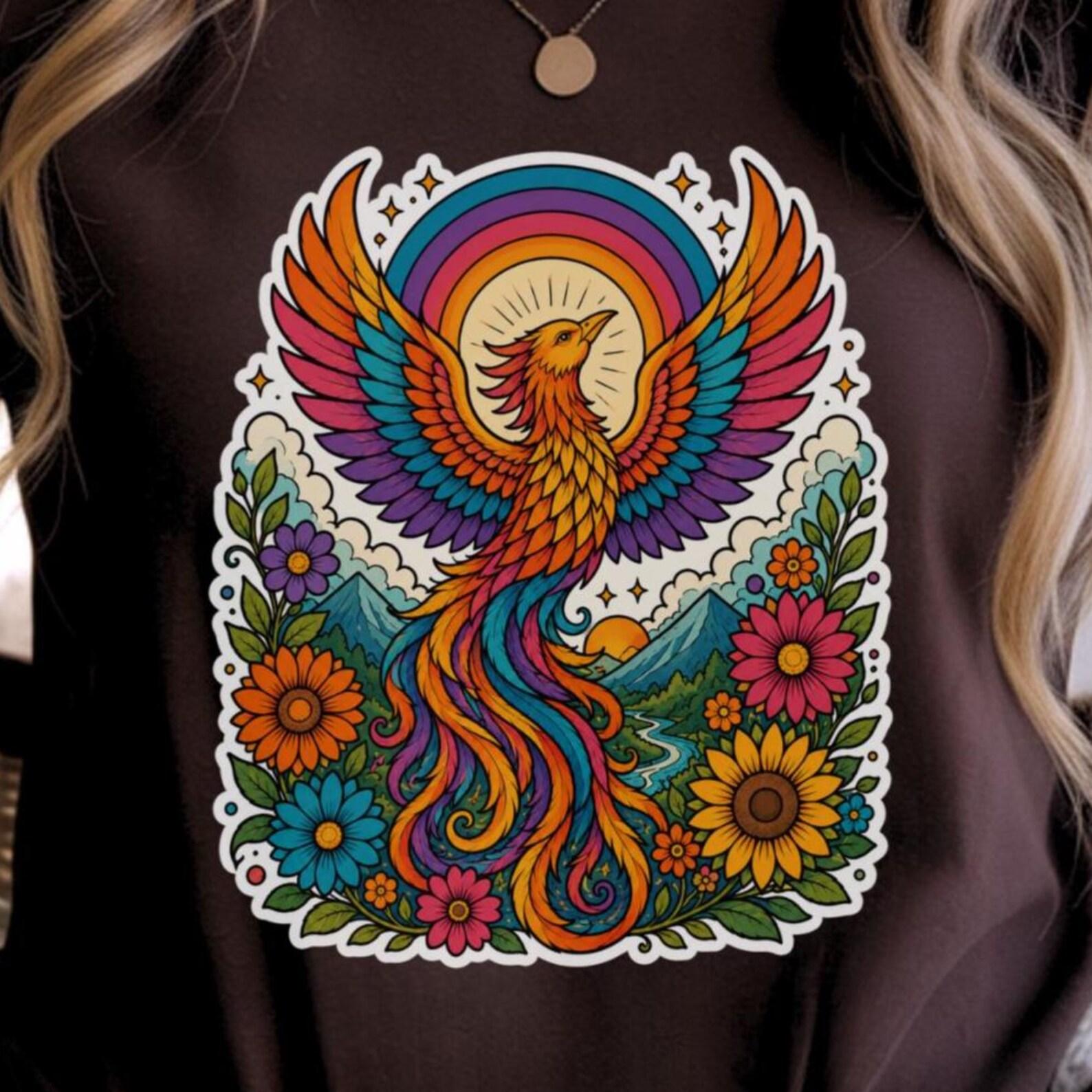 Retro Rainbow Phoenix Shirt | Boho Folk Art Bird Tee | Colorful Floral Sunbird 2XL