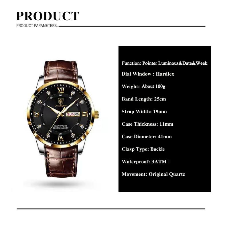 POEDAGAR Casual High Quality Men Watch Waterproof Luminous Leather Original Wristwatch Quartz Business Watches for Men Reloj