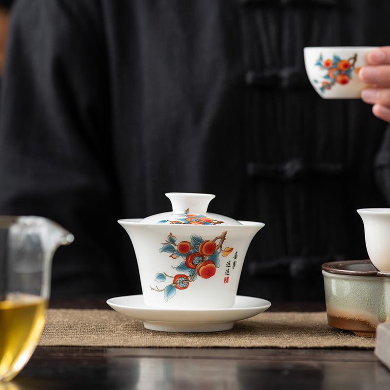 Light luxury imitation hand-painted suet jade porcelain Sancai cover bowl Kung Fu tea set single tea cup tea bowl pure handmade boutique