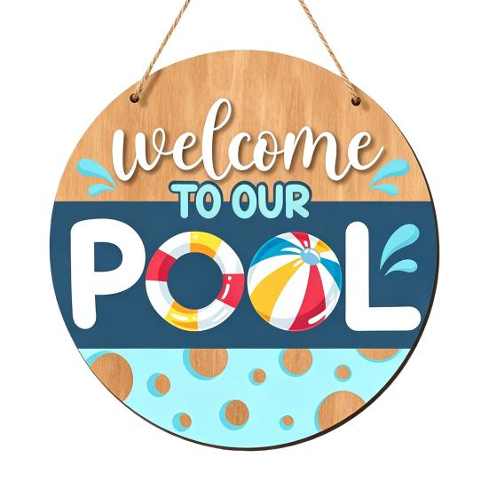 Swimming Pool Sign Summer Wooden Hanging Sign, Weather Resistant Solid Wood Plaque with Outdoor Wall Art Hemp Rope for Beach Party And Decoration