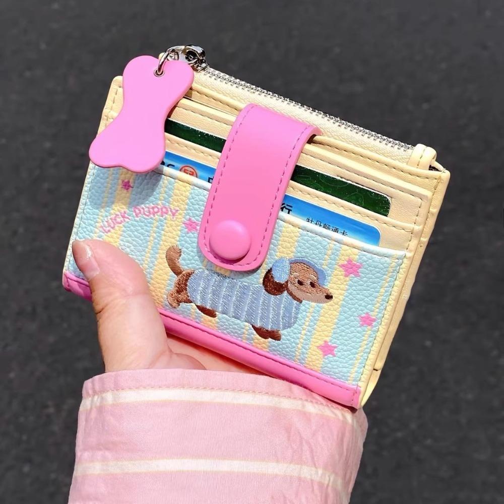 Korean Style Dachshund Embroidery Short Wallet Dopamine Color Zipper Card Bag PU Cartoon Dog Small Item Bag Women Girl