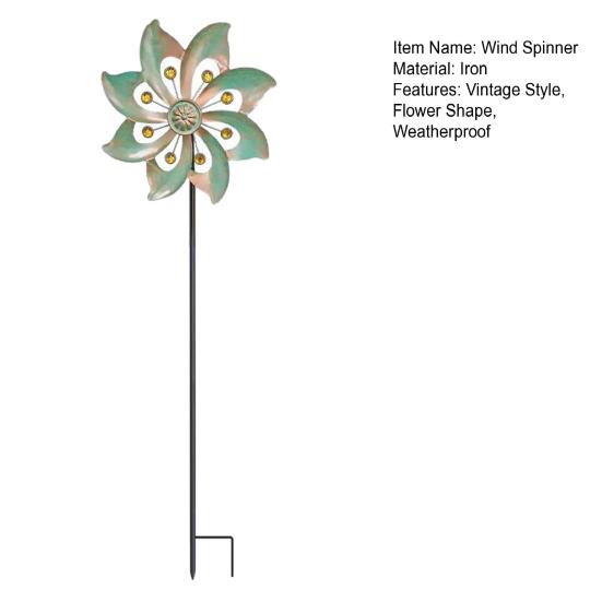 Metal Flower Wind Spinner Garden Kinetic Wind Sculpture Outdoor Retro Wind Spinner with Stake for Yard Lawn