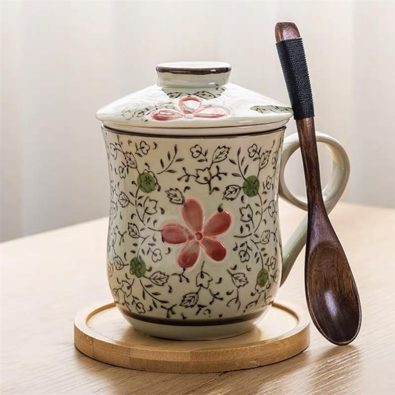Modrobílý porcelánový šálek na čaj Keramický ručně malovaný Retro hrnek s oddělovačem na vodu a víčkem s filtrem Kancelářské šálky na čaj Nápojové nádobí