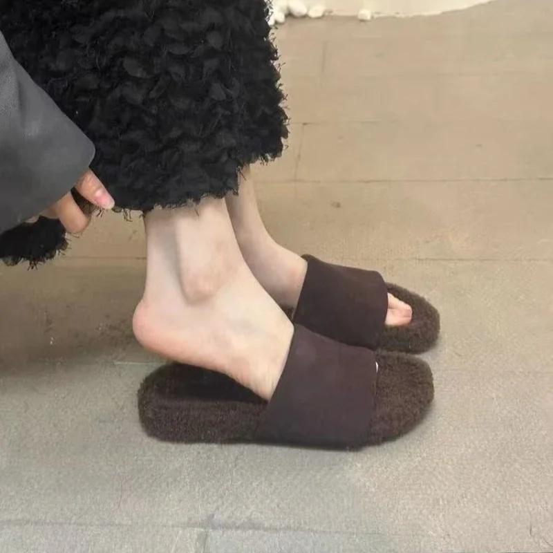 Fashion Cozy Warm Flat Slippers for Indoor House Furry Plush Shoes Women's Cozy Suede Open Toe Slippers Stylish Indoor Wear