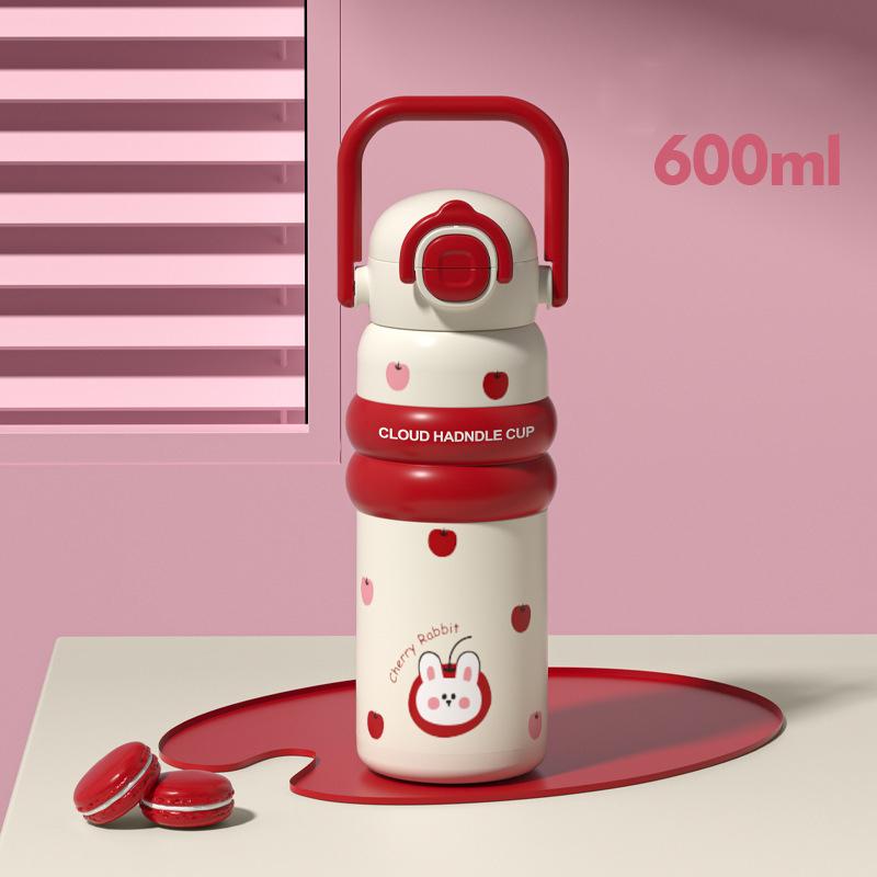 600ml Cartoon Vacuum Thermos Flask With Straw Portable Double Drink Adult Children Coffee Cups Thermal Water Bottle Drinkware 600ml