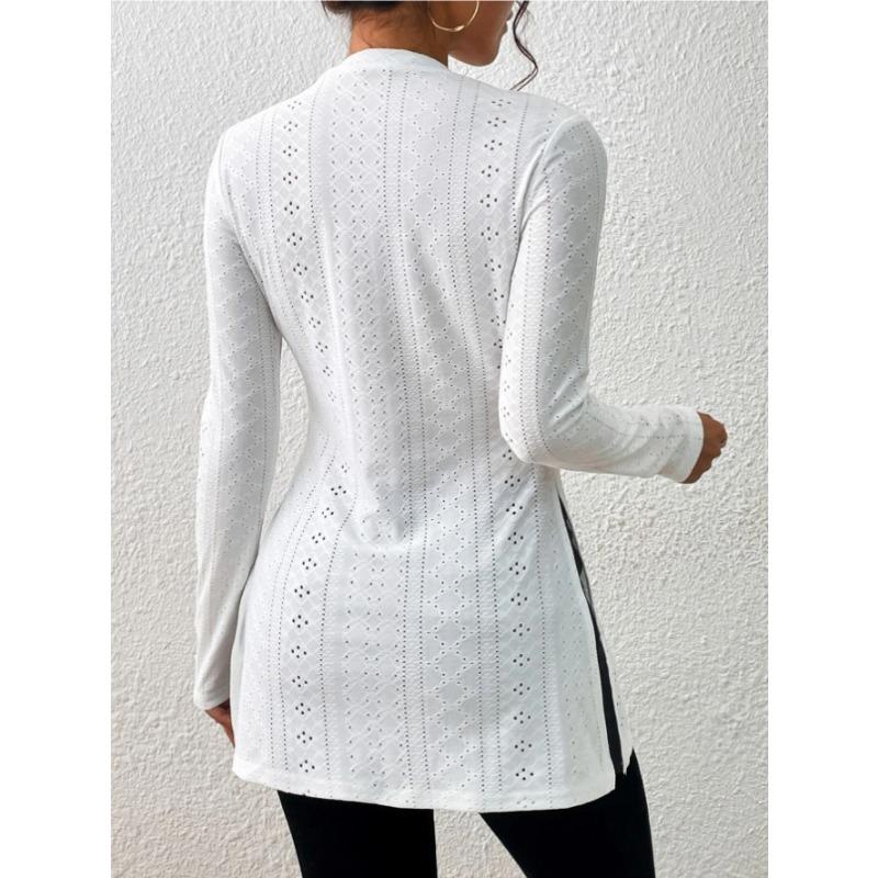 Blusa Lunga da Donna Jacquard Pizzo Spacco Casual Primavera Manica Lunga Slim Fit Camicie Monocolore Girocollo Elegante Moda Casual Ufficio Top Semplici Lavorazione a Rete