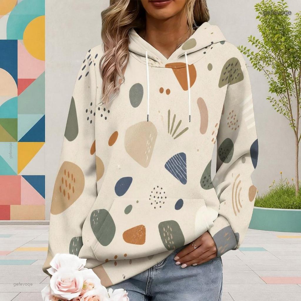 Women Plus Size Abstract Geometric Printed Long Sleeve Drawstring Hoodie Kangaroo Pocket Pullover