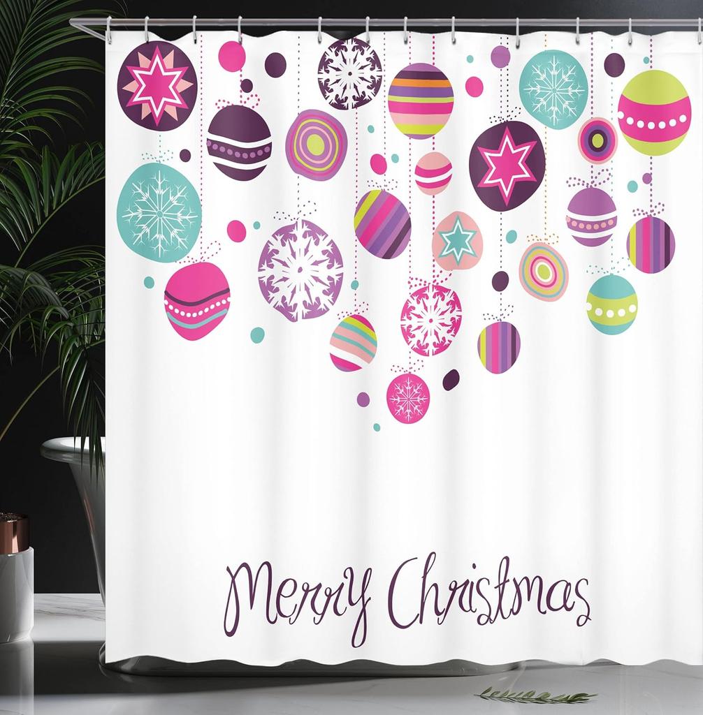Christmas Shower Curtain,Colorful Graphic Baubles with Retro Snowflake Ornaments Celebration Hand Writing, Cloth Fabric Bathroom