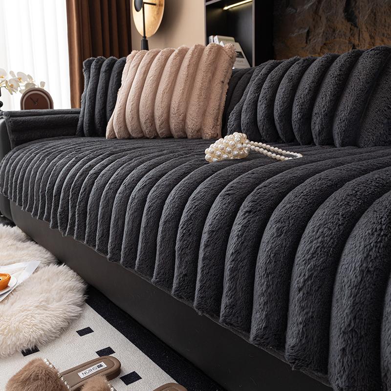 Winter Living Room Non-slip Warm Thick Striped Plush Cushion Couch Sofa Covers Slipcover Funda Sofa Mat