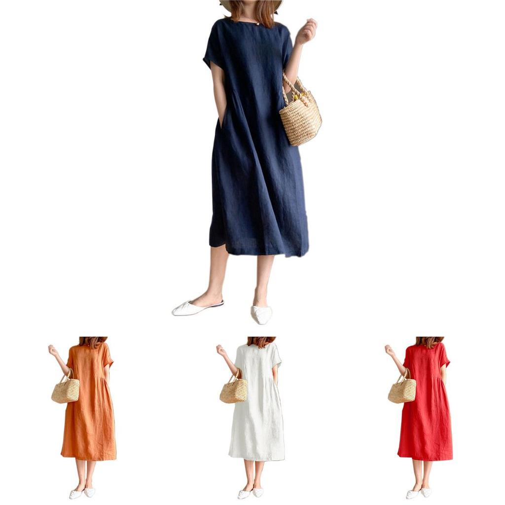 Luxurious Cotton Loose And Thin Dress For Women With Short Sleeves And Round Neck