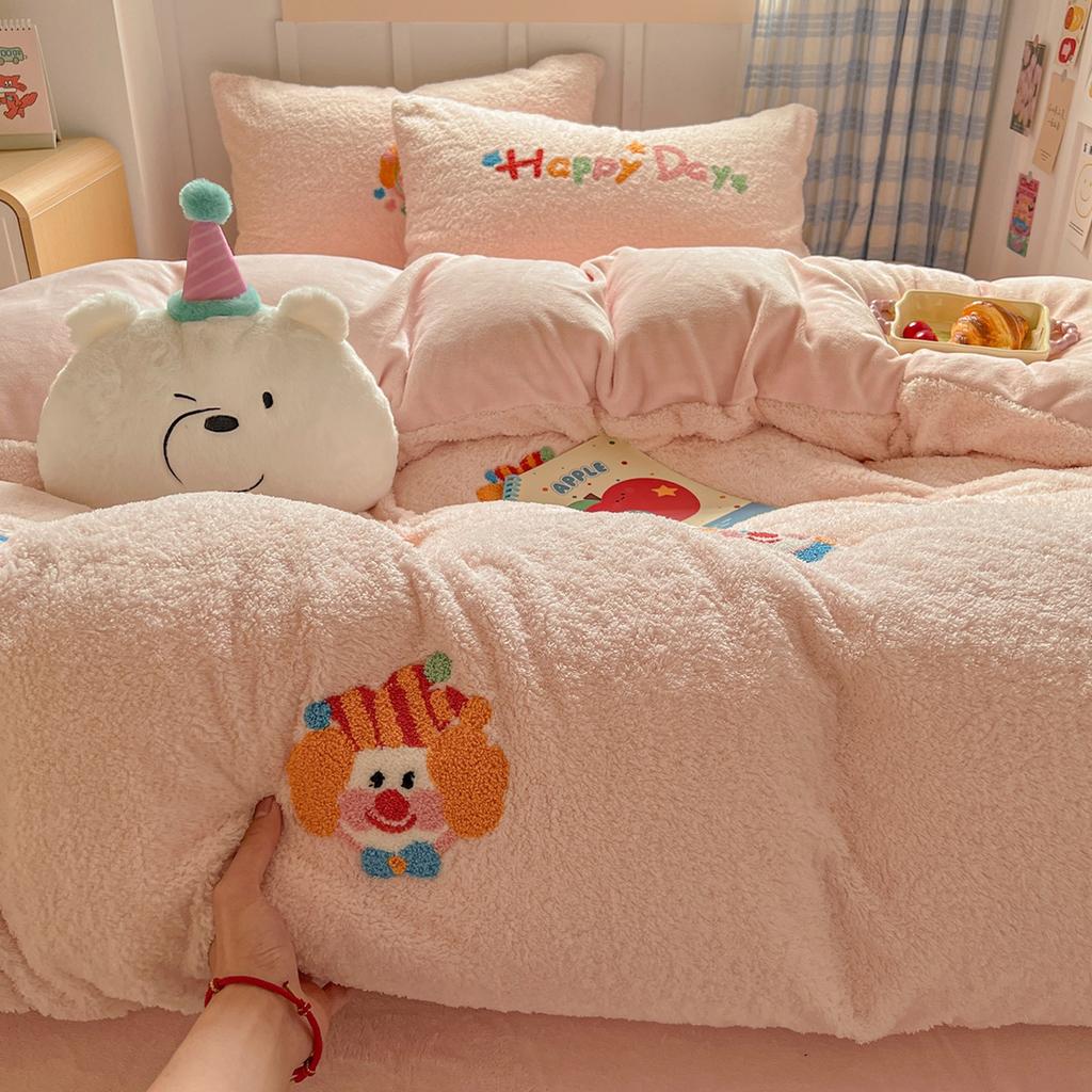 Thickened Milk Fleece Bed Four-Piece Set Warm Children'S Bedding Teddy Coral Fleece Quilt Cover Bed Sheet Three-Piece Set