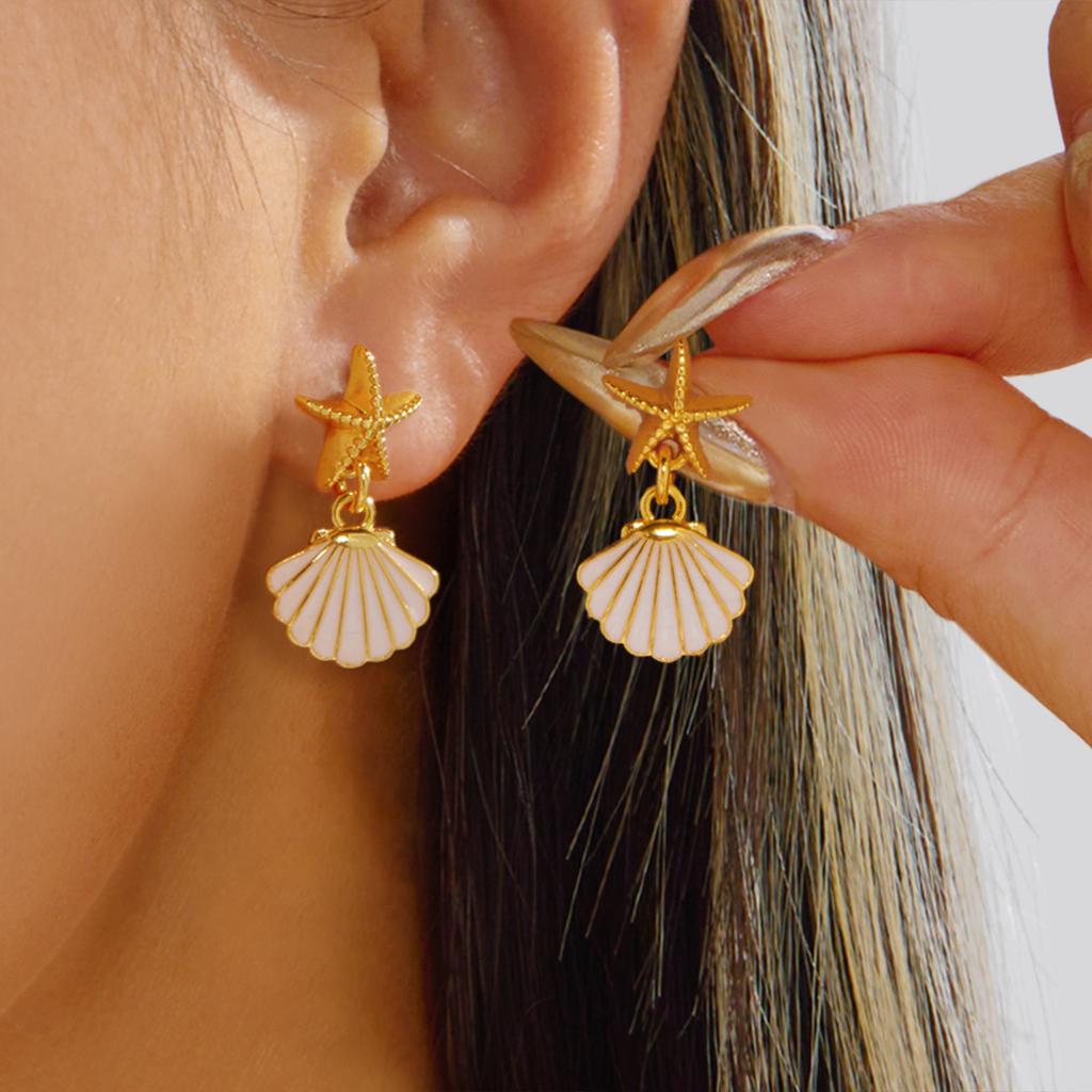 Vacation Style Gold Color Starfish Shell Stud Earrings For Women Seashell Pearl Enamel Asymmetric Ocean Earring Beach Zircon