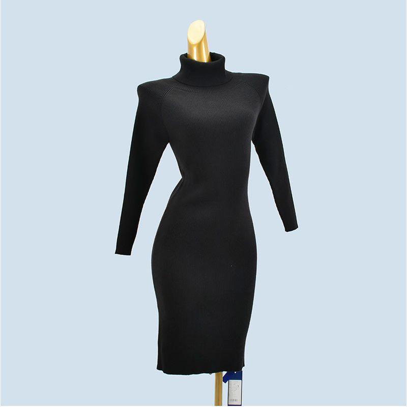 Withdraw from Cupboard High Quality Thick Turtleneck Raglan Pure Color Mid Length Long Length Long Sleeves Knitting Sweater Silm Sheath Bottom Dress