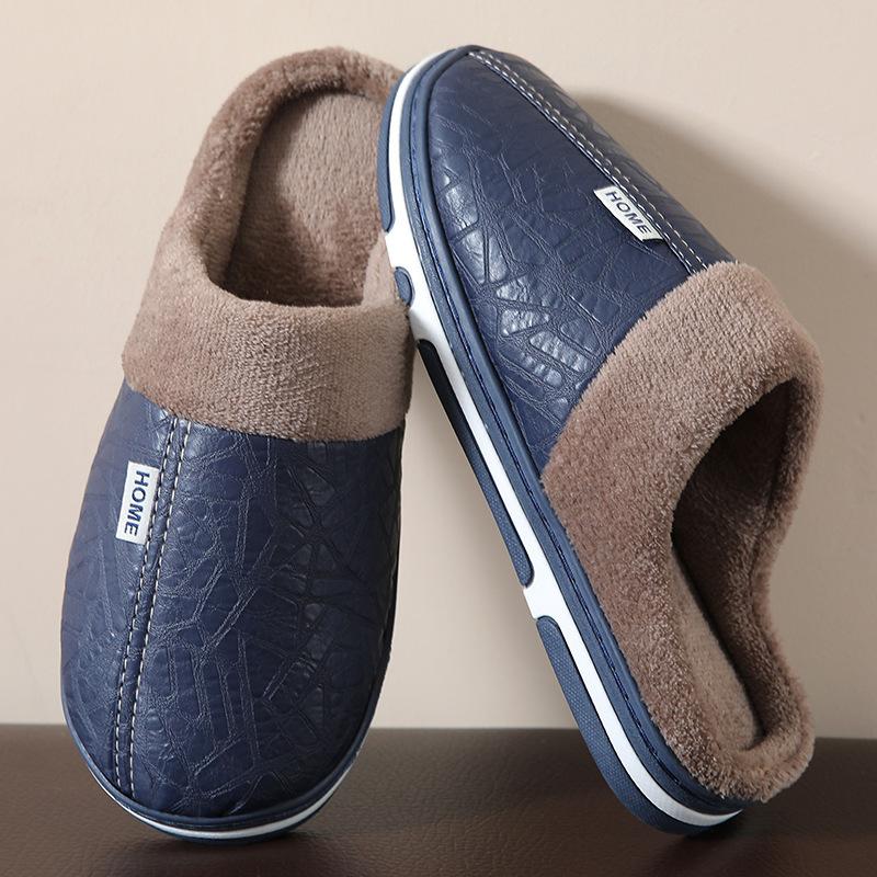 Autumn and Winter Couple Slippers Non-slip and Deodorant Indoor and Outdoor Home Velvet Thick-bottomed Confinement PU Leather Cotton Slippers