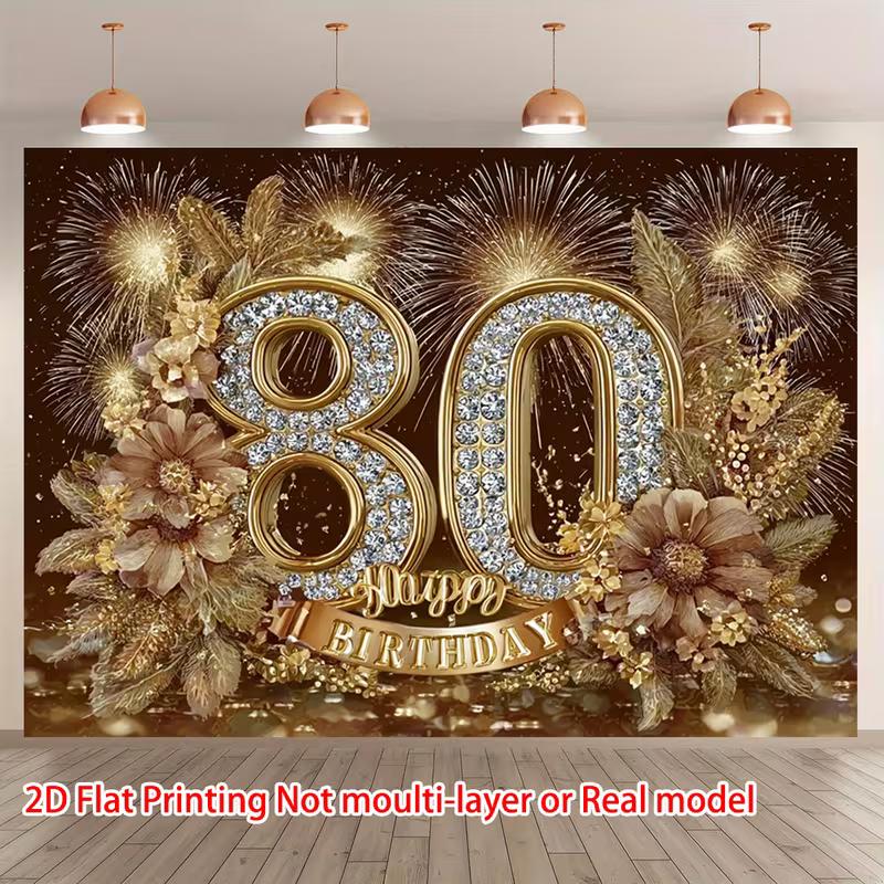 2D Happy 80th Birthday Gold Floral Fireworks Background Cloth 80th Birthday Party Decoration