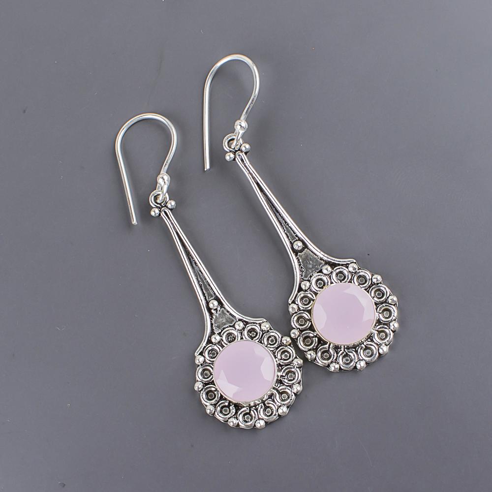 Bijoux en Pierre Gemme Calcédoine Rose, Bijoux Faits Main en Argent Sterling Massif 925, Boucles d'Oreilles en Argent de Créateur Cadeau pour Sœur