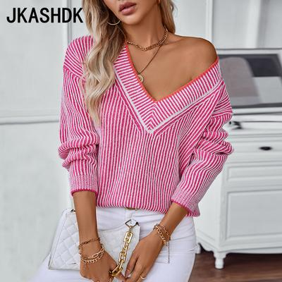 Women's Fashion Casual Fall Winter Stripe Print Long Sleeve V-Neck Sweaters