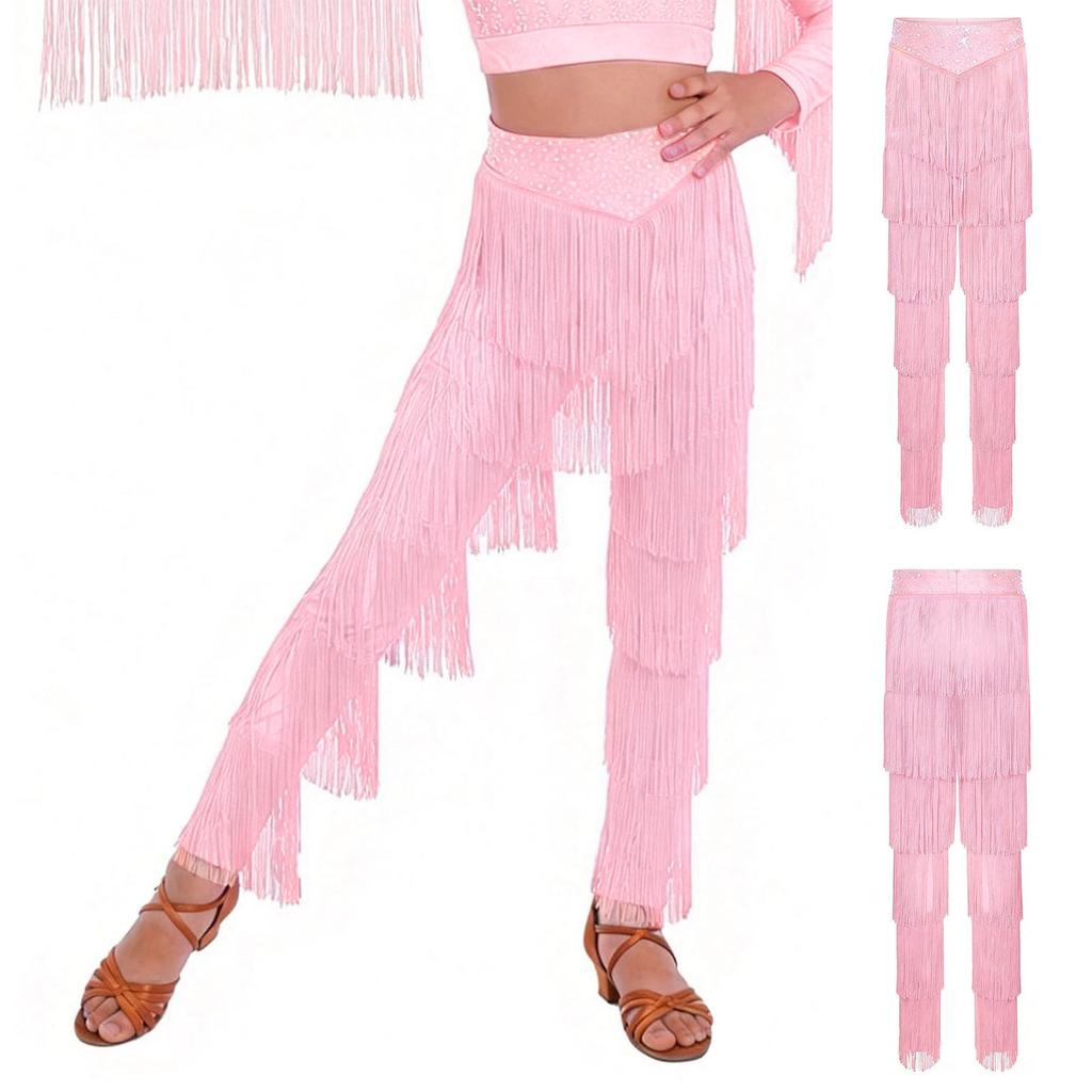 Girls Latin Dance Fringe Pants Elastic Waistband Tiered Tassels Trousers Samba Rumba Cha Cha Salsa