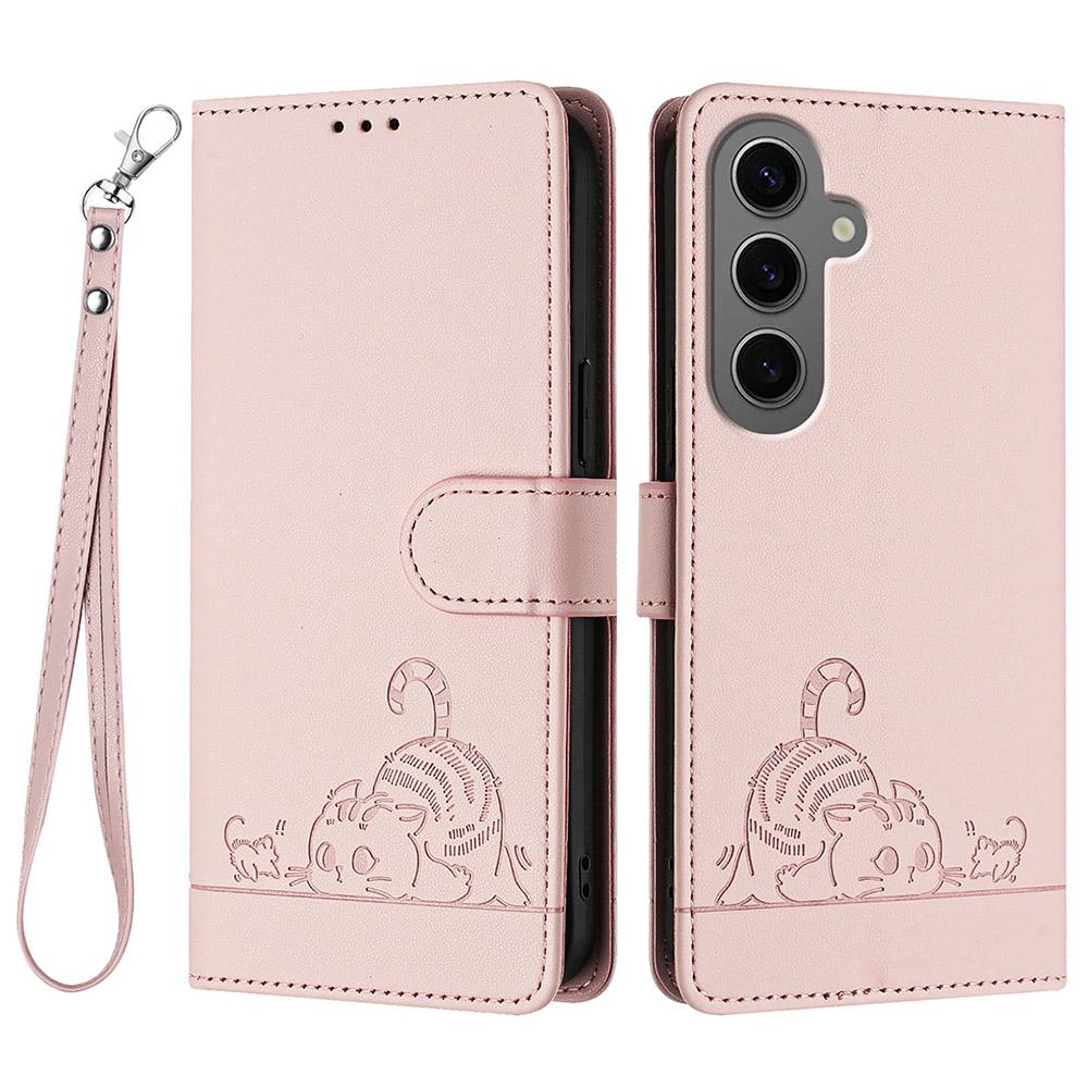 Für Samsung Galaxy S24+ Hülle mit Trageband RFID-Blockierendes Leder-Wallet Handyhülle Katze Maus Muster