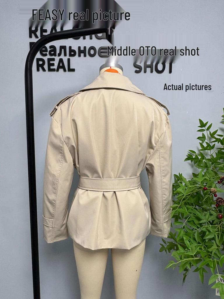 European and American Style Women's Solid Color Belted Short Jacket Windbreaker.