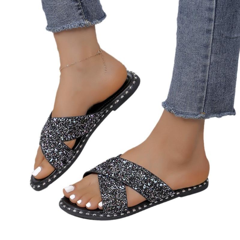 Cross-border European and American Style Silver Cross One-word Sequins Summer New Fashion Women's Large-size Flat Slippers