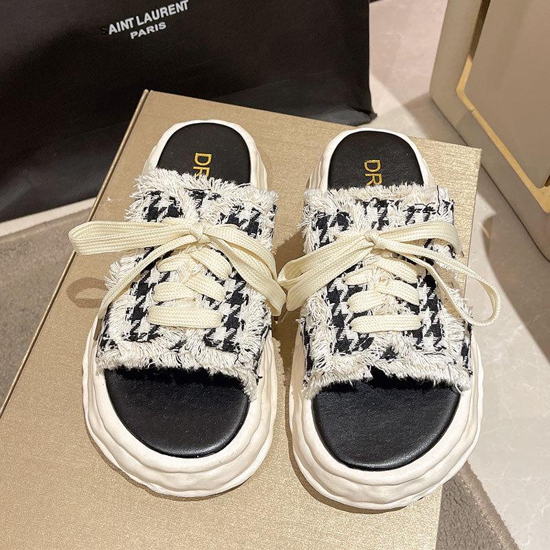 One-word Canvas Slippers Women's Summer Outer Wear 2025 New Thick-soled Versatile Super Fire-soluble Fashion Unsoled Sandals Women