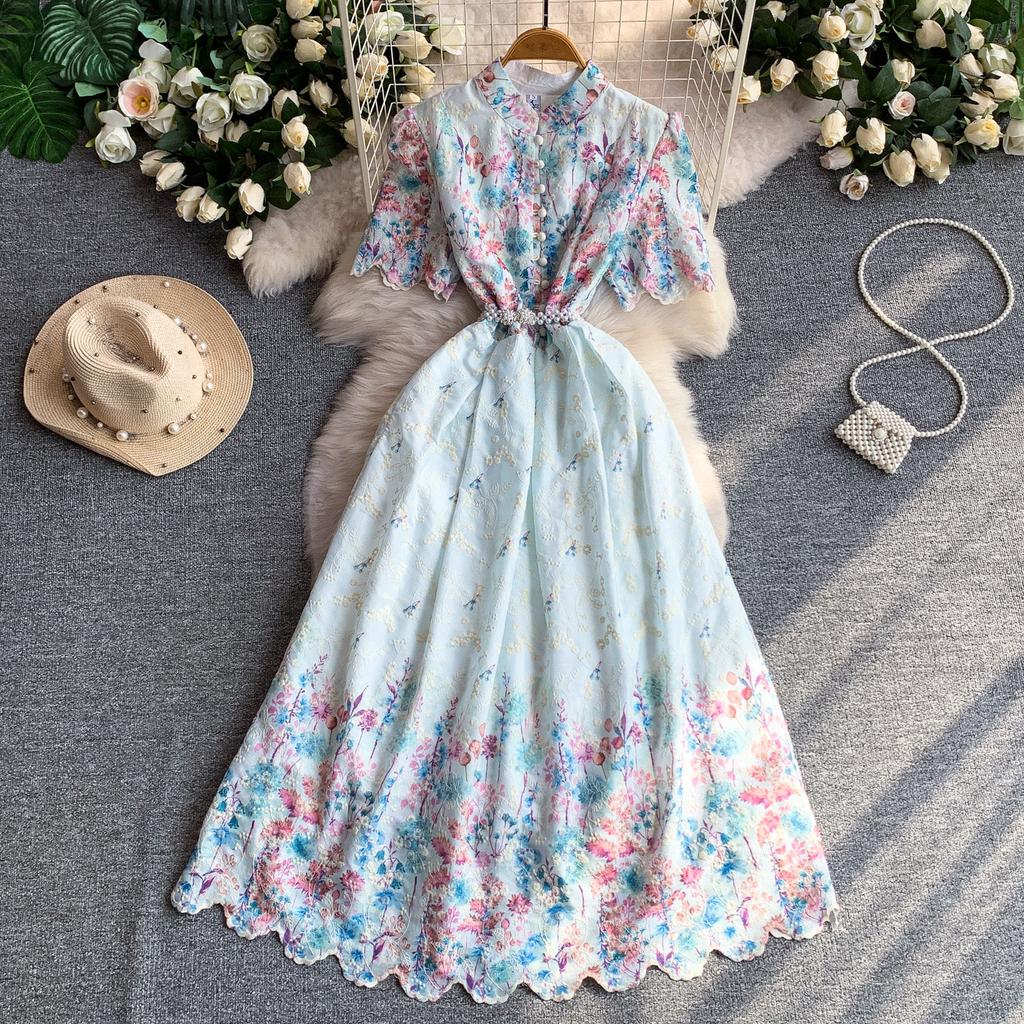 Elegant A-Line Dress for Women High-Quality Embroidery Flower Stand Collar Short Sleeve Fashion Runway Summer Dress Female 2026