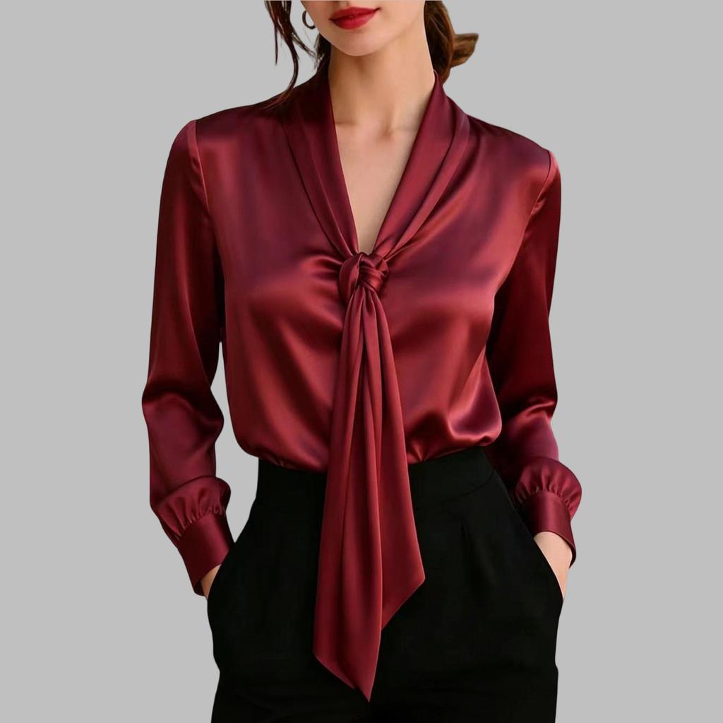 Women's Satin Blouse with Tie Front V-Neck Long Sleeve for Work and Casual Wear
