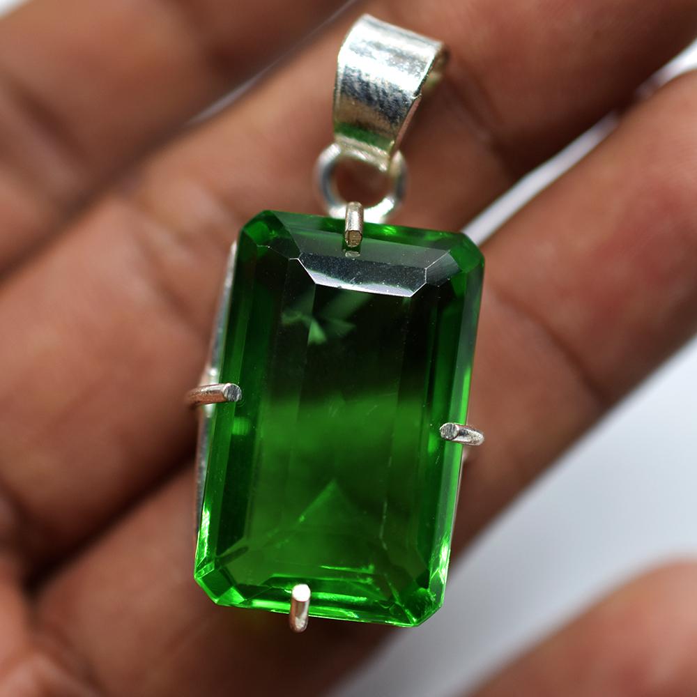 Free Delivery 925 Sterling Silver Pendant 56 Ct Topaz Green Emerald Cut Gemstone My-380-k